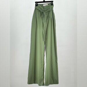High-Waist Wide Leg Pants with Tie Belt - Olive Green